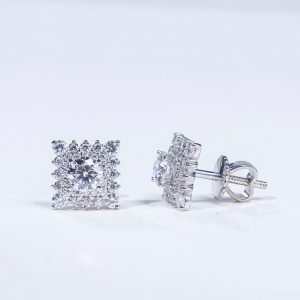 S925 Bông tai Halo vuông chốt ren Ổ 4.5mm Chủ Mois Round D tấm mois SEE021.M1.m