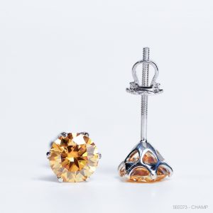 Bông tai 6 chấu chốt ren ổ 6.3mm Bạc S925 xi kim Chủ Mois Round Champange không tấm SEE073