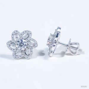 Bông tai Bông hoa hạt thóc chốt ren ổ 4,5mm Bạc S925 xi kim Chủ Mois Round D tấm mois SEE083