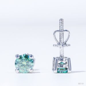 Bông tai 4 chấu chốt ren ổ 5,0mm Bạc S925 xi kim Chủ Mois Round Green không tấm see101.s1.m2.k