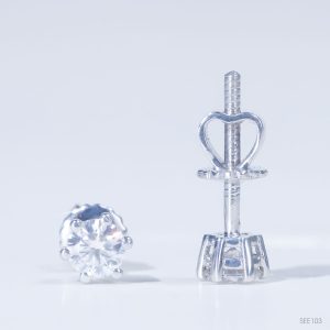 Bông tai 6 chấu chốt ren ổ 4,0mm Bạc S925 xi kim Chủ Mois Round D không tấm SEE103